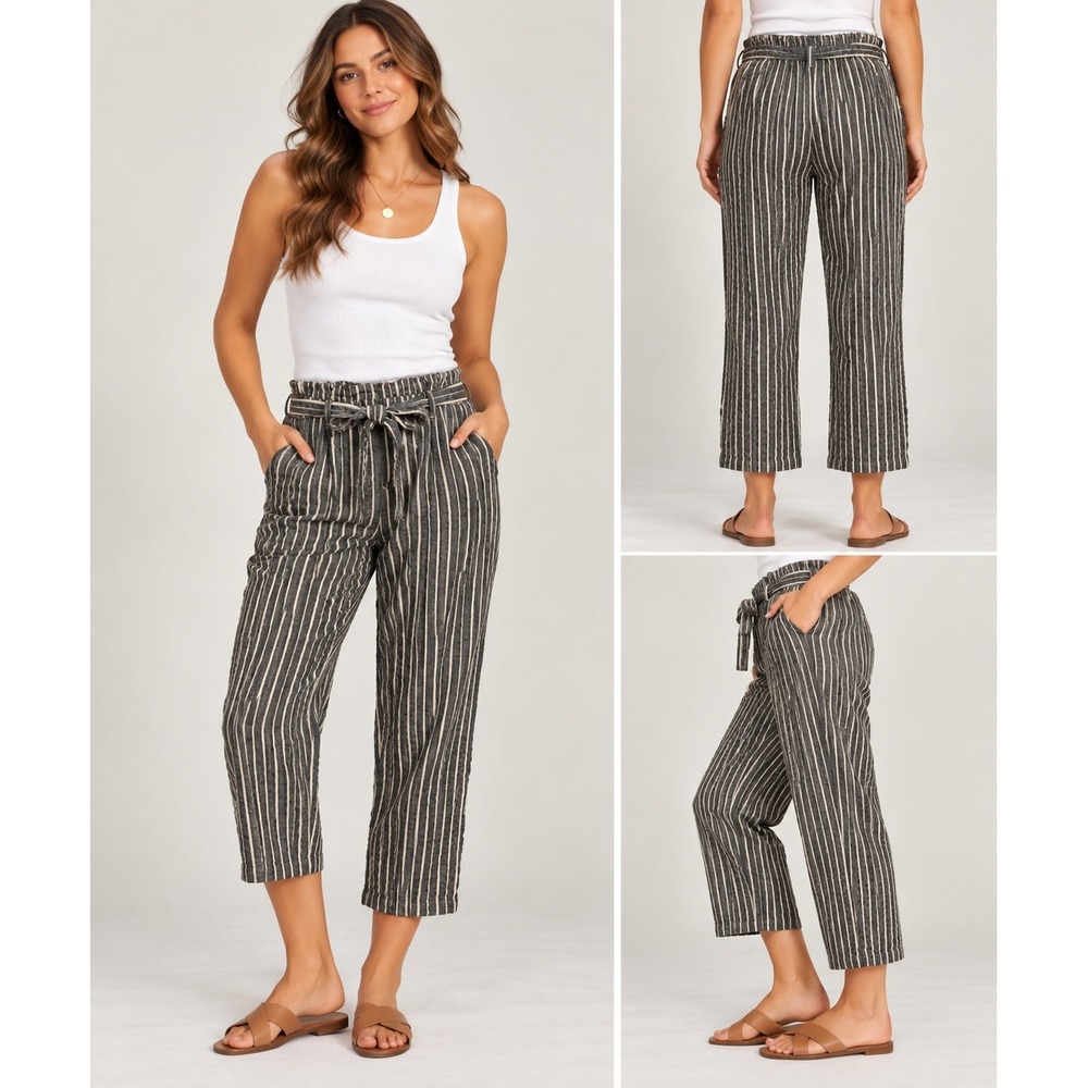 Hem & Thread Pants Womens Medium Black Striped Paperbag Linen Blend Cropped